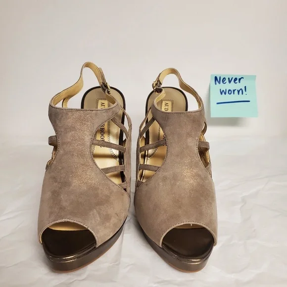 NEW taupe Clever 9 stiletto heels Audrey Brooke cutout open toe nude neutral tan - Picture 2 of 8